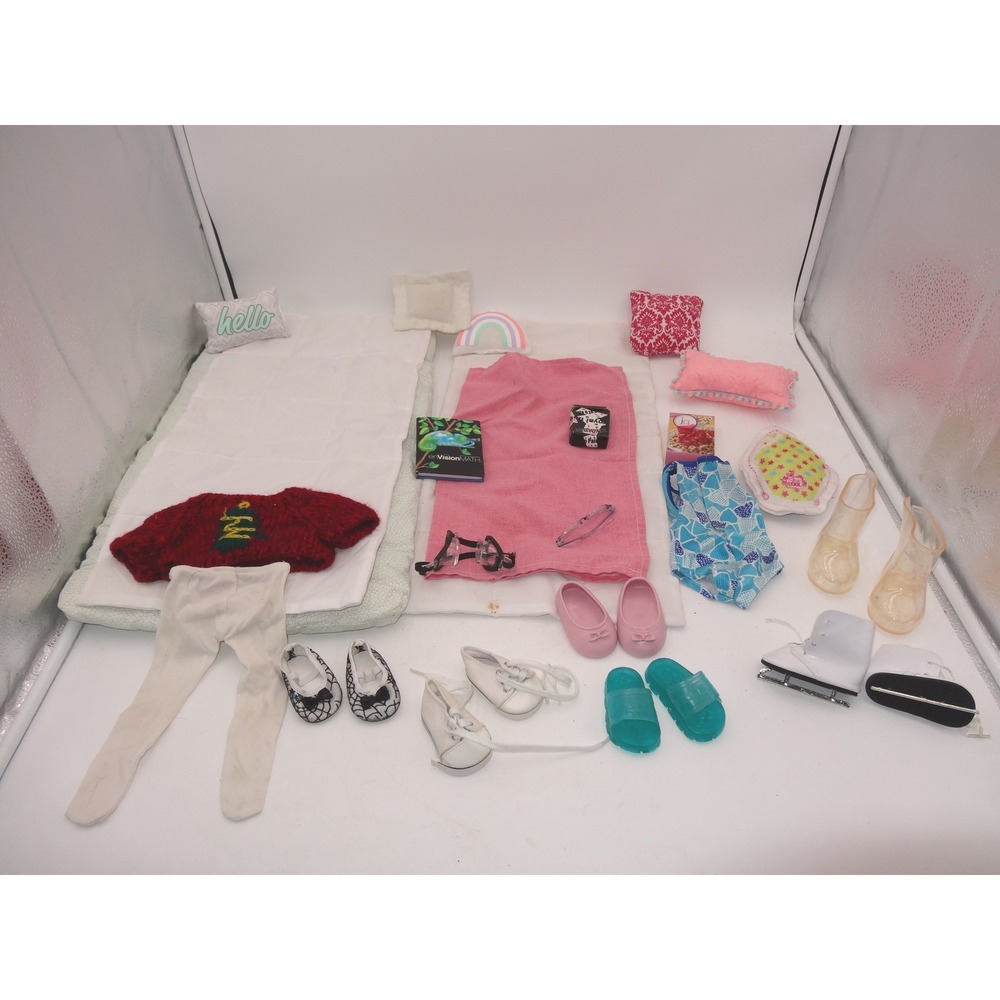 Our Generation 18 Inch Doll Accessory Lot Clothing Shoes Bedding Goggles Book